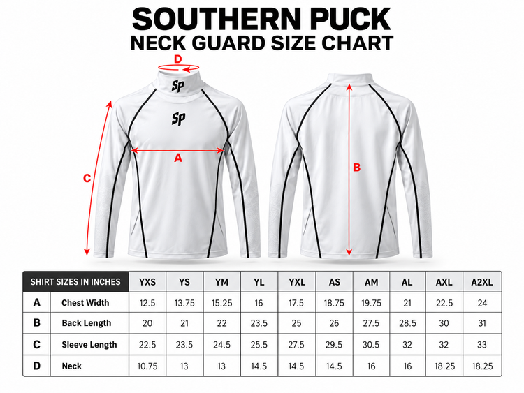 Southern Puck Neck Guard size chart, youth XS–XL and adult S–2XL, measurements for chest width, back length, sleeve length and neck in inches