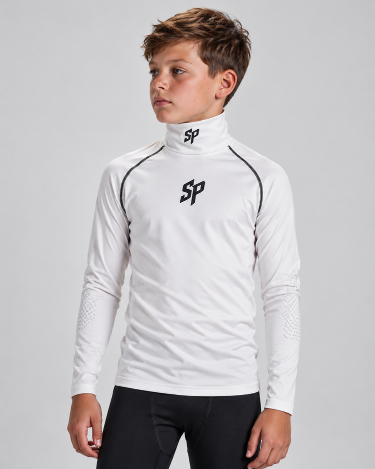 AI-generated visualization of a youth hockey player wearing a representation of the Southern Puck white neck guard performance shirt
